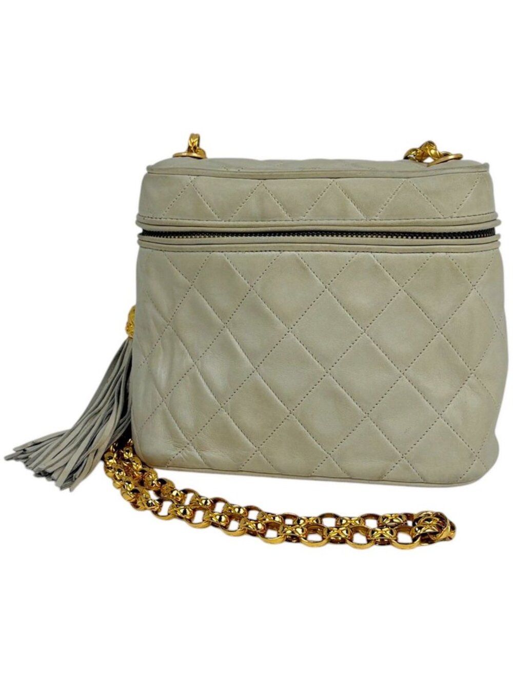 Chanel CC Logo Chain Shoulder Bag Quilted Fringe Leather White